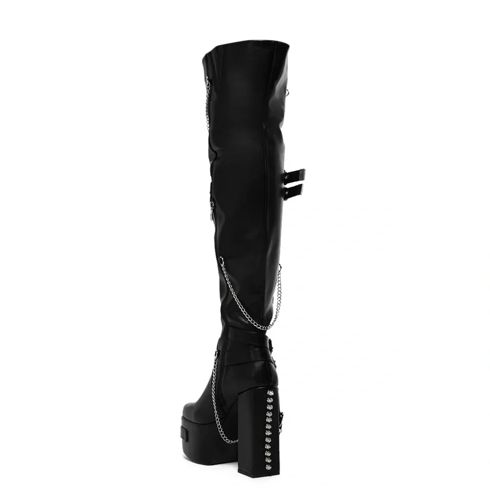 AZALEA WANG Black Leather Over the Knee Block Heel Boots